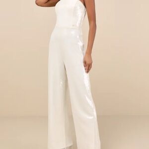 Lulu's White Strapless Jumpsuit Wide-Leg Elegance